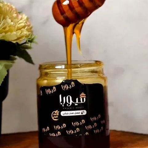 Jar of honey with a wooden dipper, white background